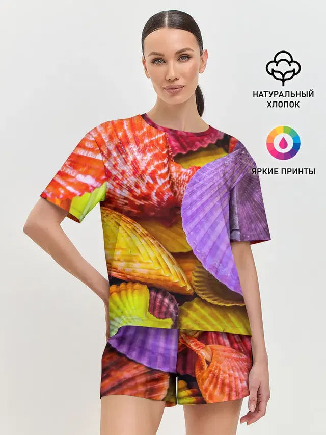 Женская пижама с шортами с принтом «Природа — Разноцветные ракушки multicolored seashells»