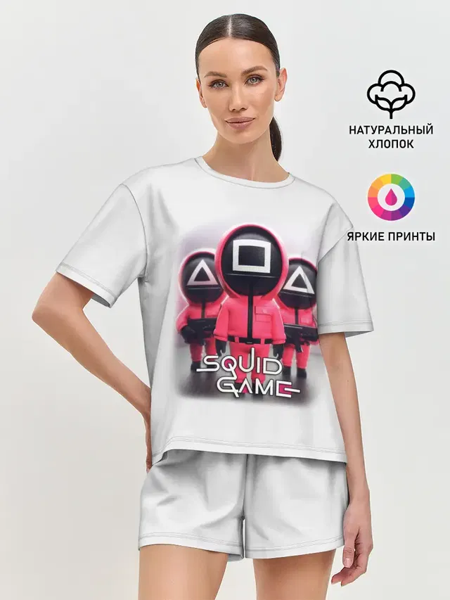 Женская пижама с шортами с принтом «Игра в кальмара — SQUID GAME СОТРУДНИКИ»
