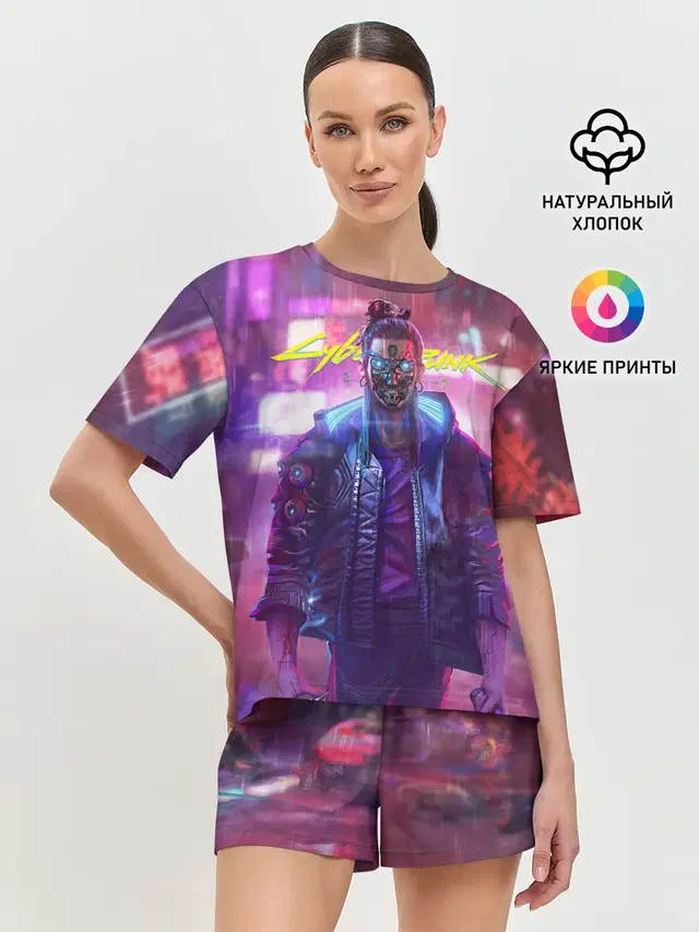 Женская пижама с шортами с принтом «Cyberpunk 2077 — CYBERPUNK 2077 SAMURAI, ХАОС»