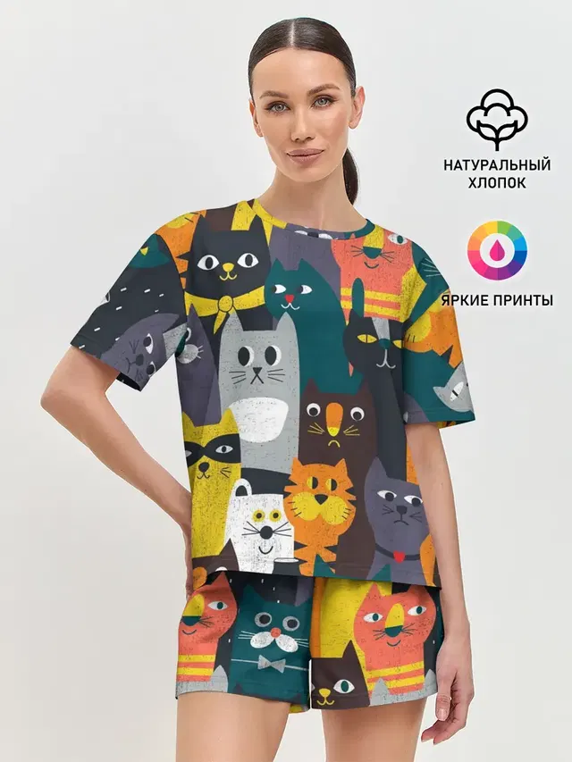 Женская пижама с шортами с принтом «Коты и кошки — крутые коты»