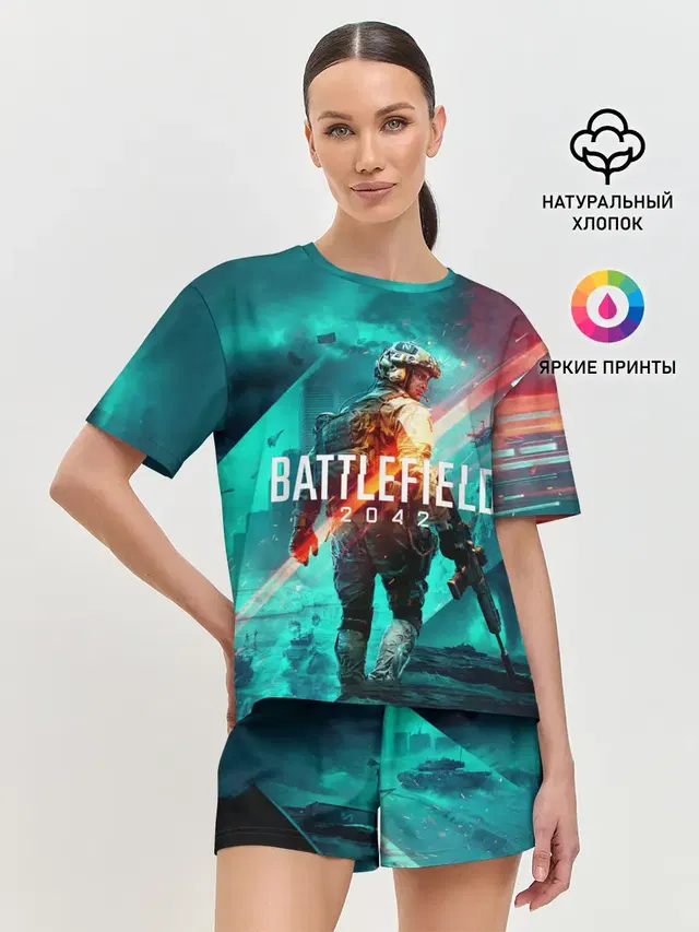 Женская пижама с шортами с принтом «BATTLEFIELD — Battlefield 2042 игровой арт»