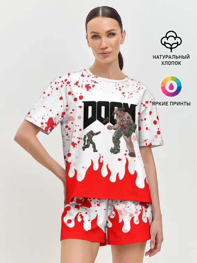 Женская пижама с шортами с принтом «Дум — Doomguy vs Cyberdemon»