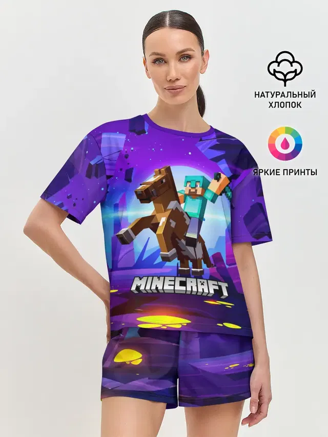 Женская пижама с шортами с принтом «Майнкрафт — Minecraft на коне!»