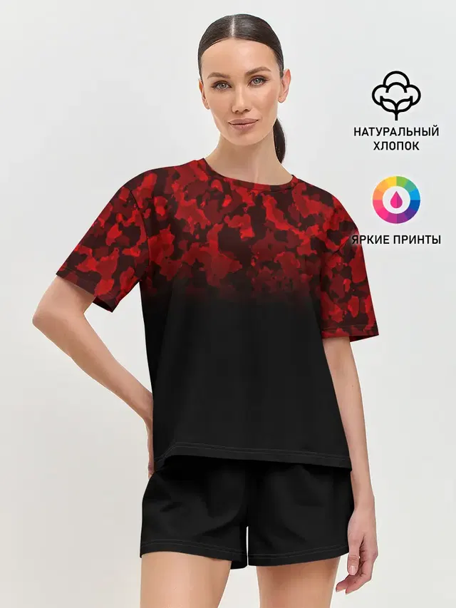 Женская пижама с шортами с принтом «Милитари — BLACK RED CAMO — RED MILLITARY»