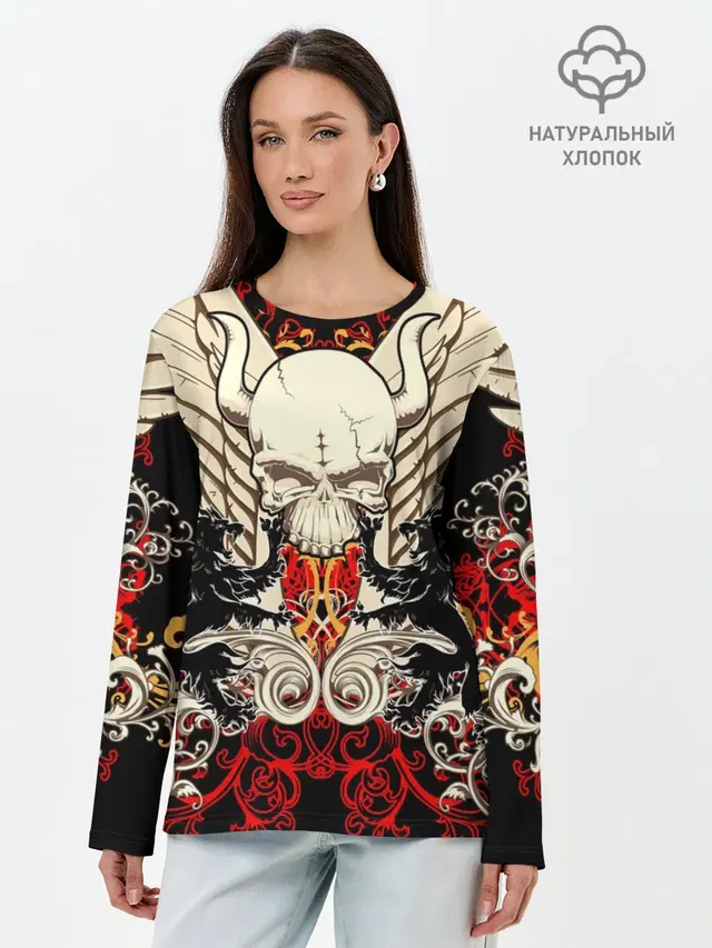 Лонгслив женский с принтом «Черепа — Vintage Skull Art v2»