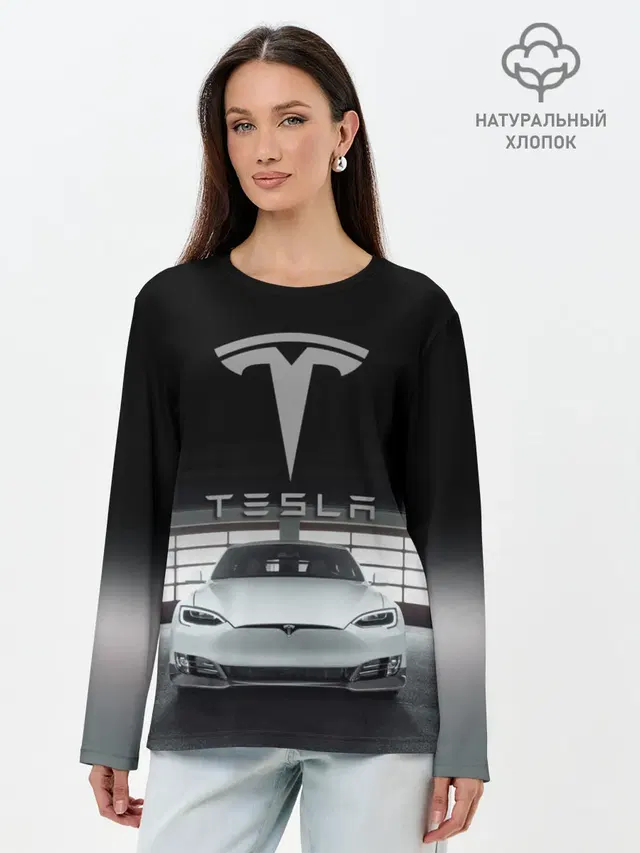 Лонгслив женский с принтом «Разные автомобильные — TESLA»