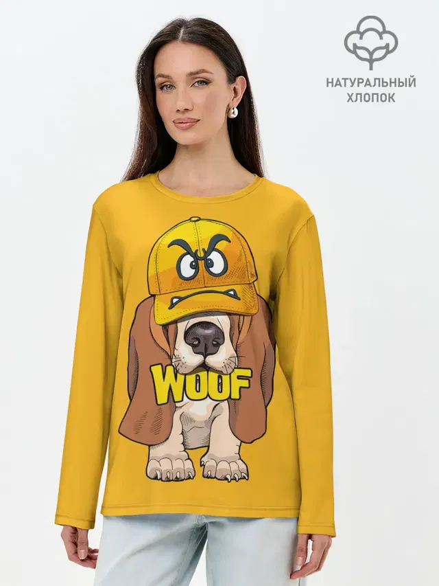 Лонгслив женский с принтом «Бассет-хаунд — Woof»