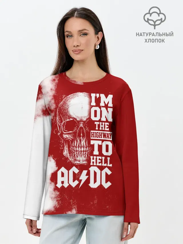 Лонгслив женский с принтом «Human skull — Im on the highway to hell AC/DC»