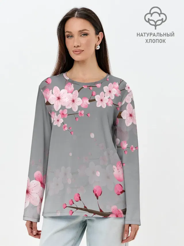 Лонгслив женский с принтом «Цветы — САКУРА — SAKURA»