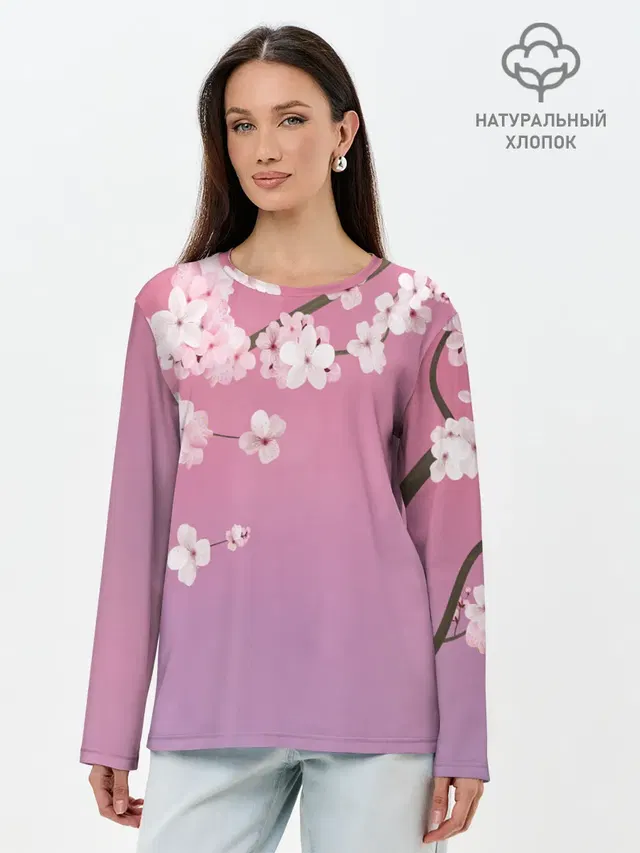 Лонгслив женский с принтом «Цветы — САКУРА — SAKURA»