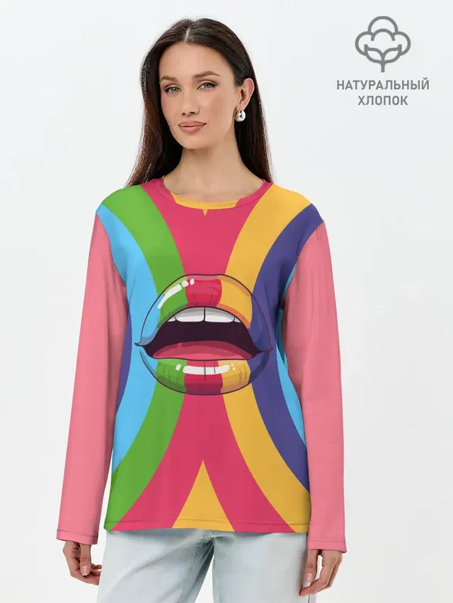 Лонгслив женский с принтом «Губы — Радужные губы — Rainbow lips»