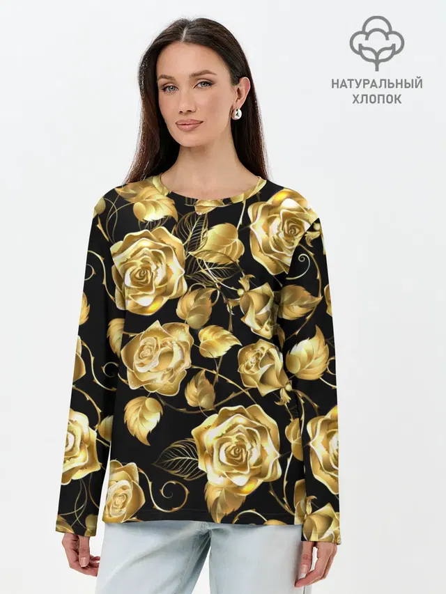 Лонгслив женский с принтом «Цветы — Golden Roses»