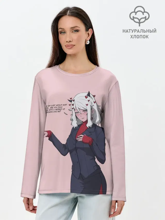 Лонгслив женский с принтом «Helltaker — Malina текст Helltaker»