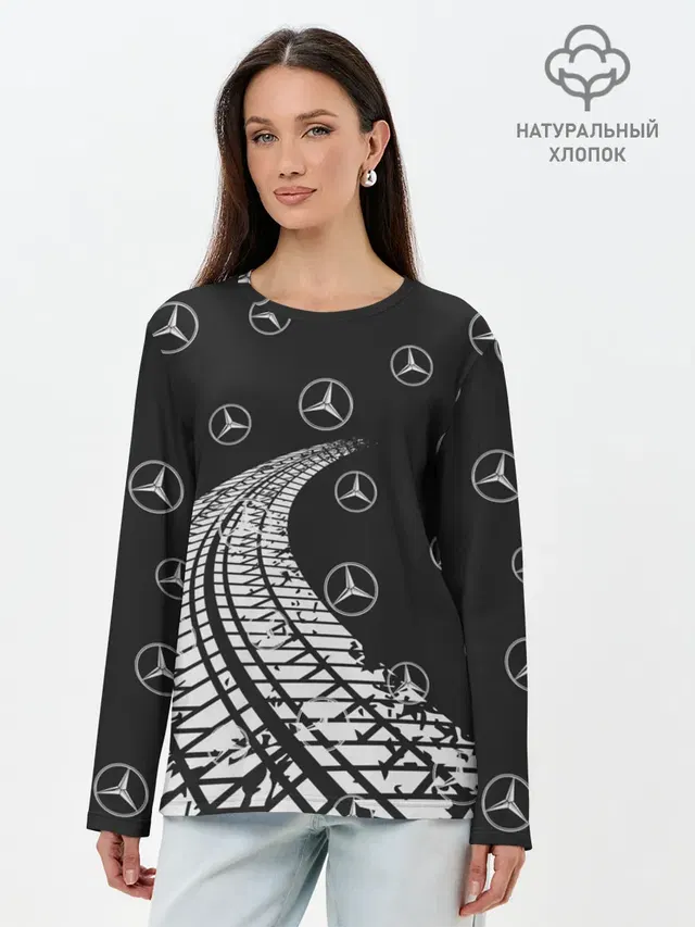 Лонгслив женский с принтом «Tyre marks — MERCEDES — МЕРСЕДЕС»