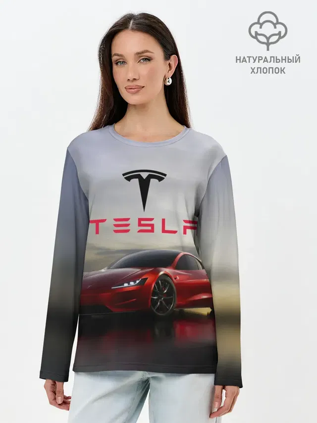 Лонгслив женский с принтом «Tesla — Tesla Roadster»