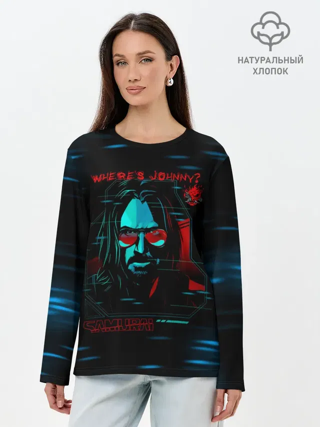 Лонгслив женский с принтом «Cyberpunk 2077 — WHERES JOHNNY? SAMURAI»