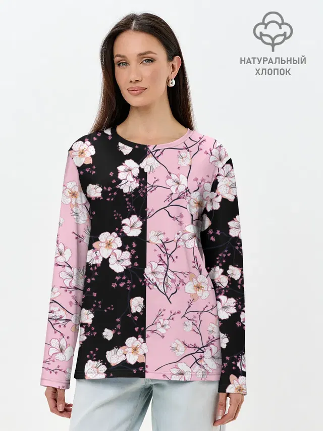 Лонгслив женский с принтом «Цветы — САКУРА — SAKURA — ВИШНЯ»