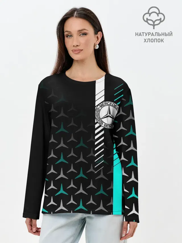 Лонгслив женский с принтом «Merсedes — МЕРСЕДЕС — AQUA BLACK GRADIENT»