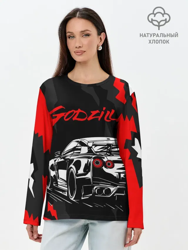 Лонгслив женский с принтом «Nissan — NISSAN GT-R — GODZILLA»