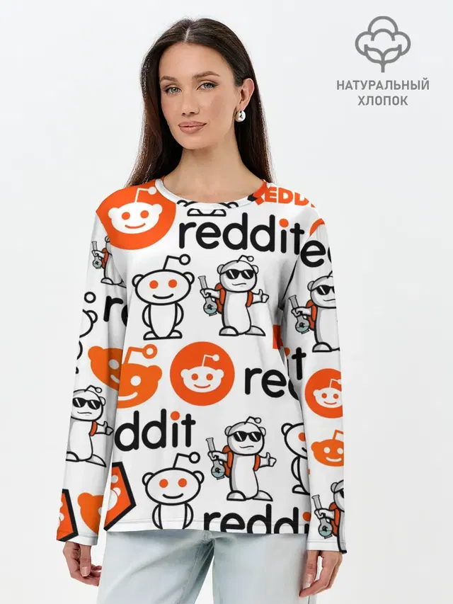 Лонгслив женский с принтом «Социальные сети — REDDIT — РЕДДИТ — ЛОГОБОМБИНГ»