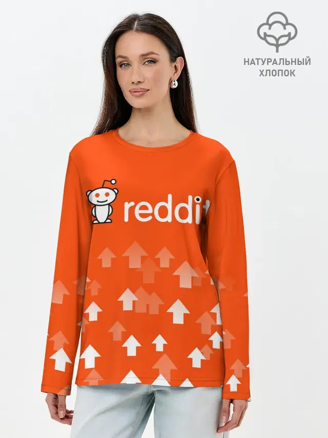 Лонгслив женский с принтом «Социальные сети — REDDIT — РЕДДИТ — UPVOTED»