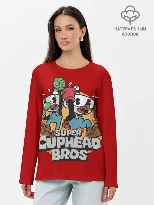 Лонгслив женский с принтом «Super Cuphead Bros»