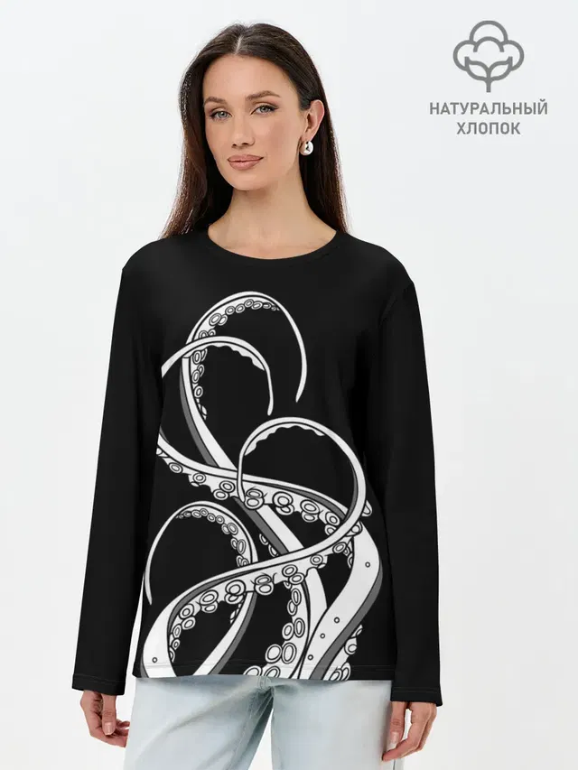 Лонгслив женский с принтом «Рыбы — Octopus Black and White»