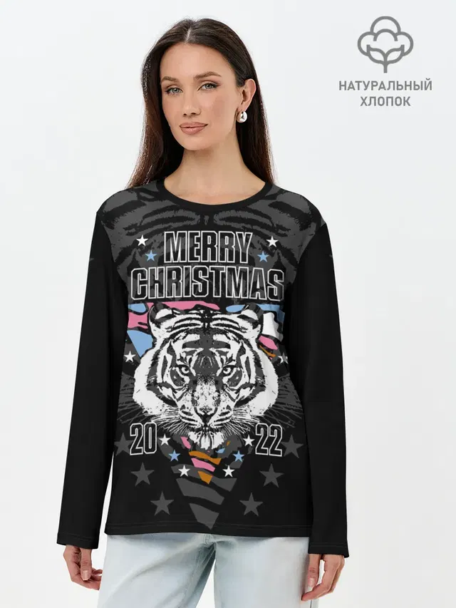 Лонгслив женский с принтом «Голова животного — Merry Christmas 2022»