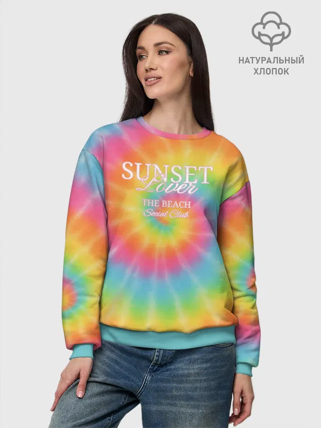 Свитшот женский базовый хлопковый из 3х ниточного футера с принтом «Тай-Дай Sunset»