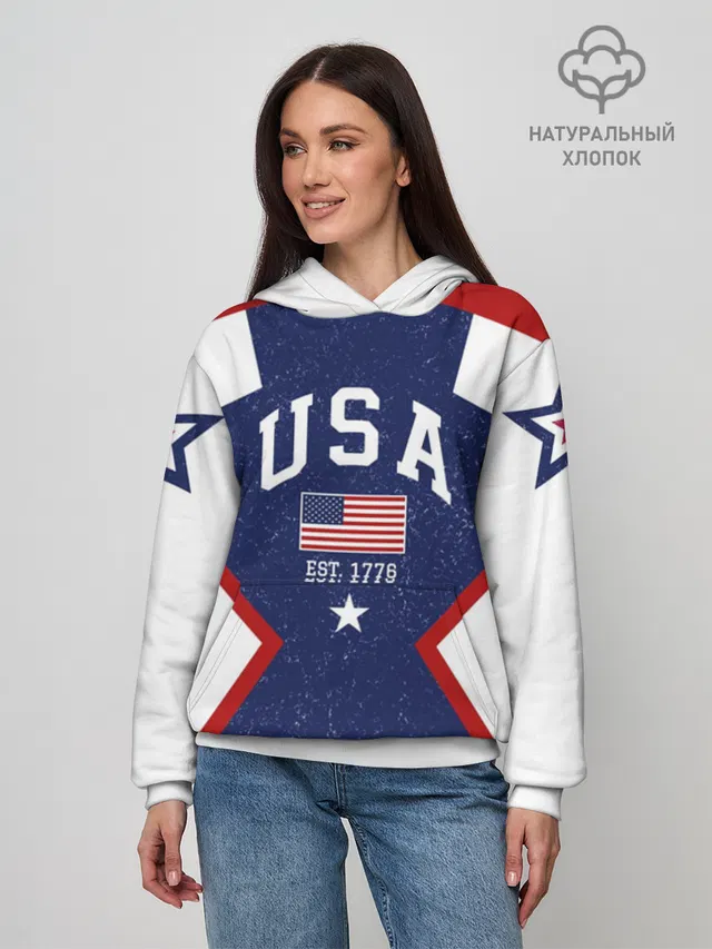 Худи женское базовое с принтом «USA BlueWhite»