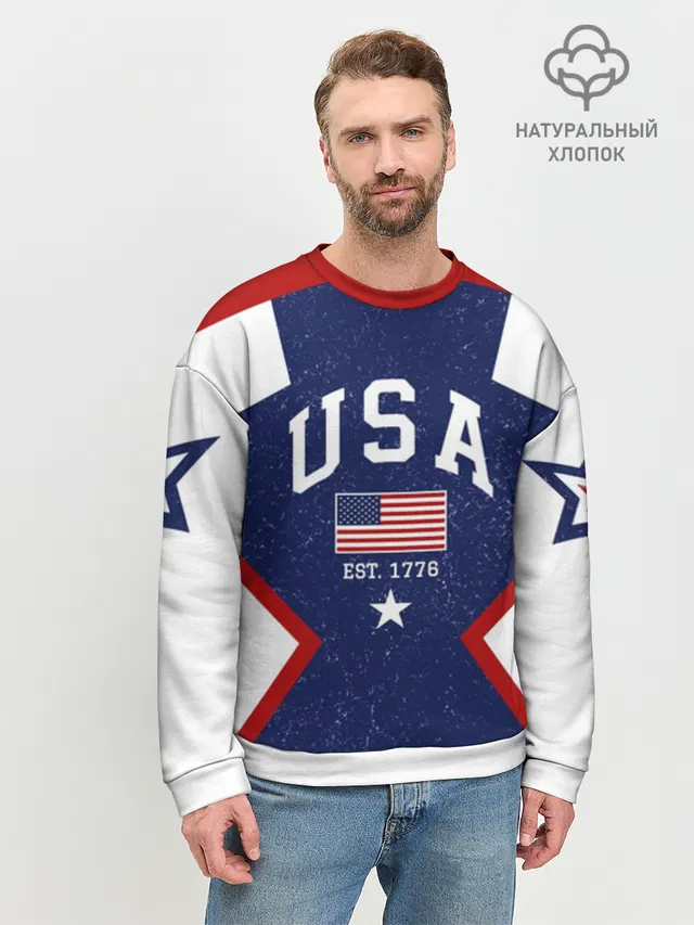 Свитшот мужской базовый из 3-х нитчоного футера с принтом «USA BlueWhite»