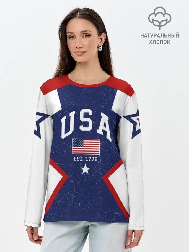 Лонгслив женский с принтом «USA BlueWhite»