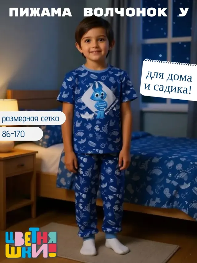Детская пижама с брюками хлопок с принтом «Волчонок»
