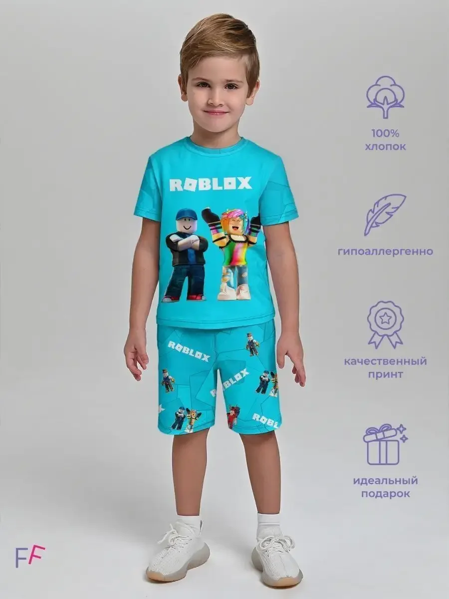 Детский хлопковый костюм «Roblox», голубой — принт крупно