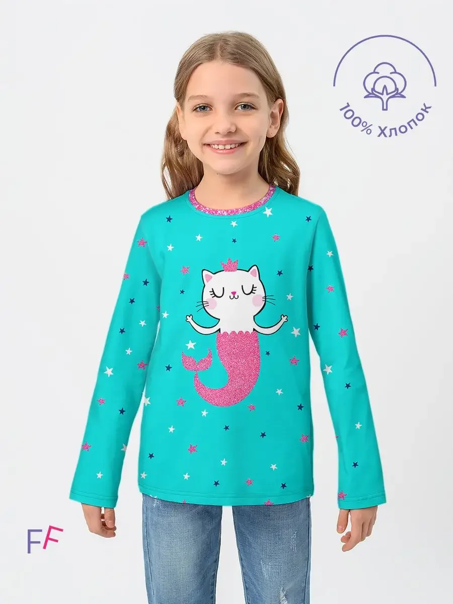 Детский хлопковый лонгслив «Cat Pink Blue» Звери — купить — принт крупно