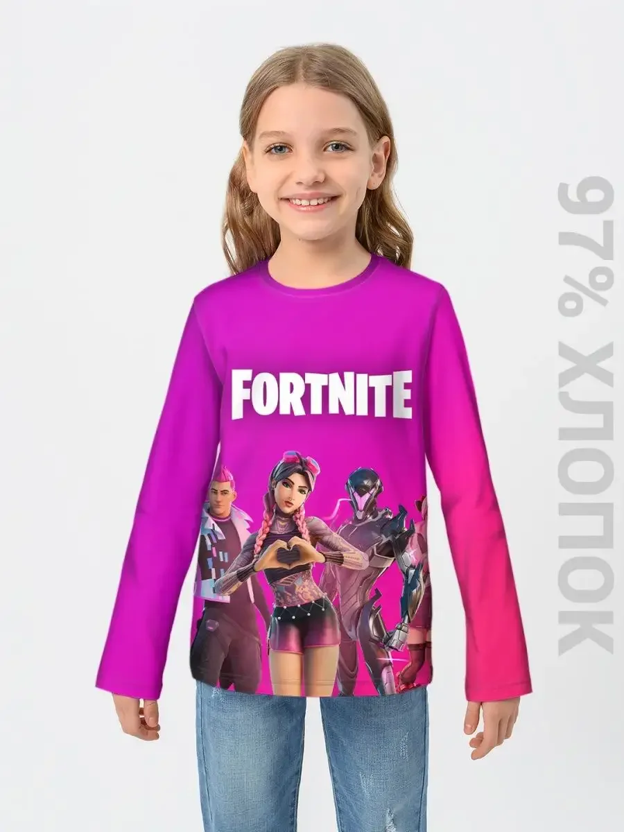 Детский хлопковый лонгслив «Fortnite» — малиновый, купить — принт крупно