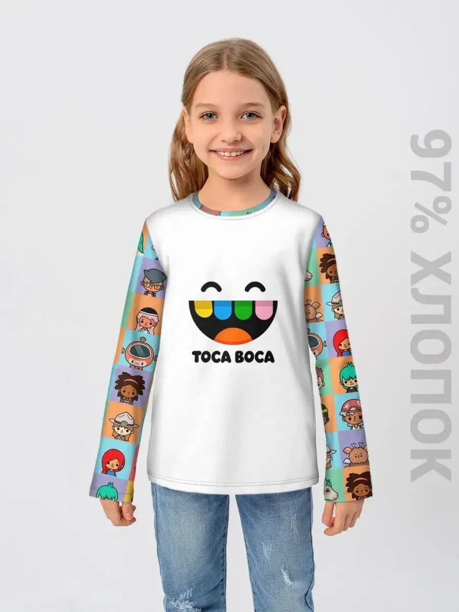 Детский хлопковый лонгслив «Toca Boca» Геймерам — белый, купить — принт крупно