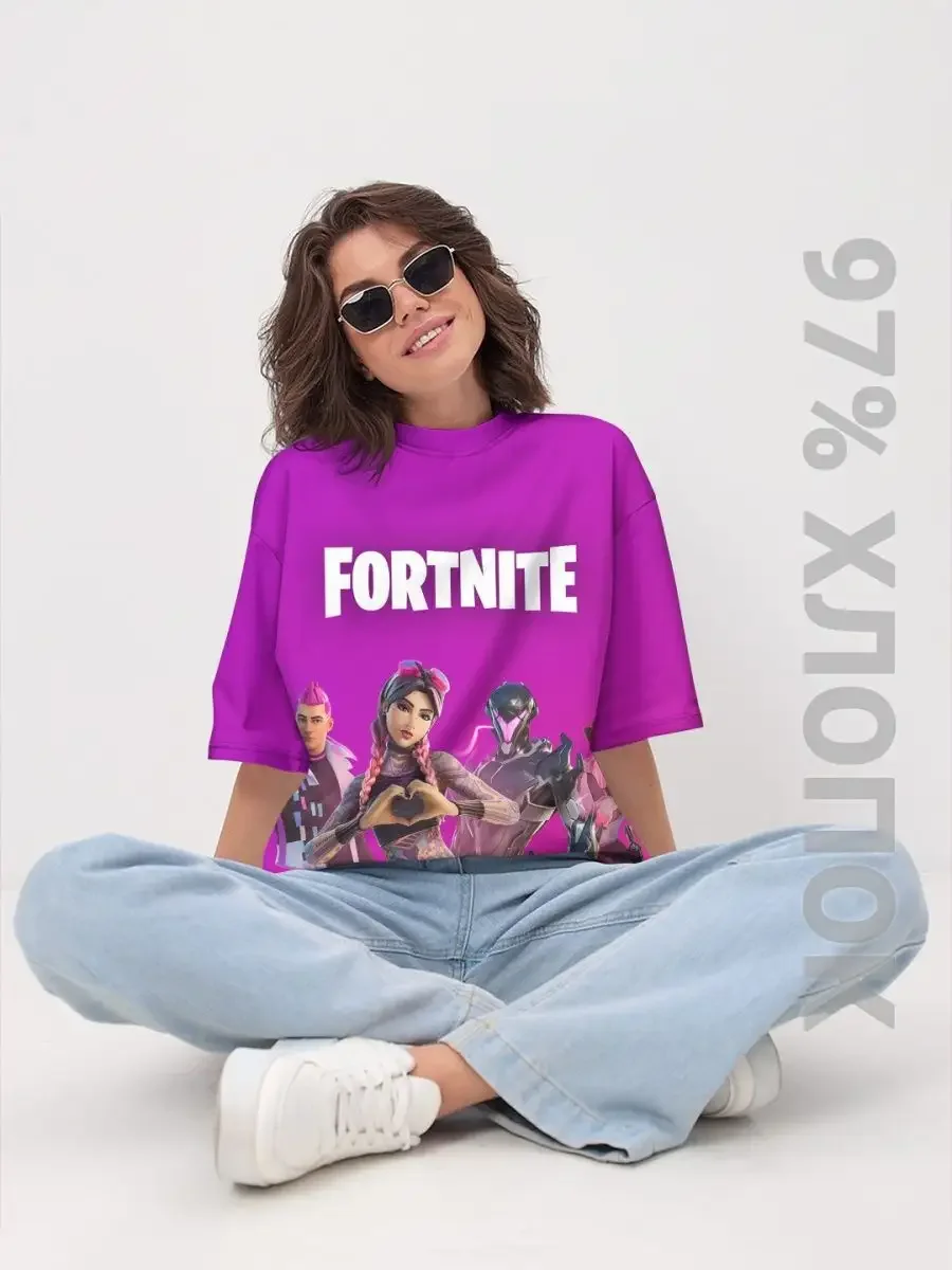 Женская хлопковая оверсайз-футболка «Fortnite» — купить — принт крупно