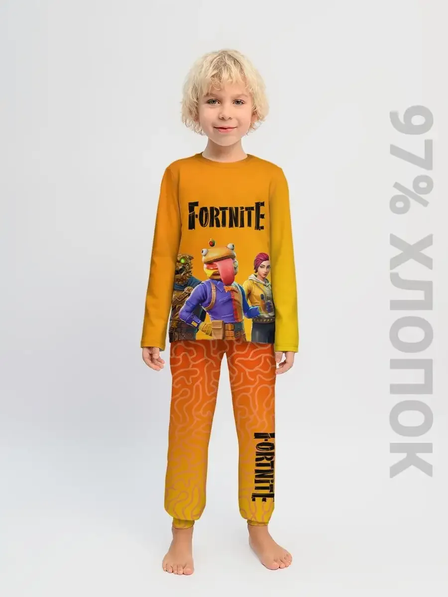Детский хлопковый костюм «Fortnite» — оранжево-желтый, купить — принт крупно