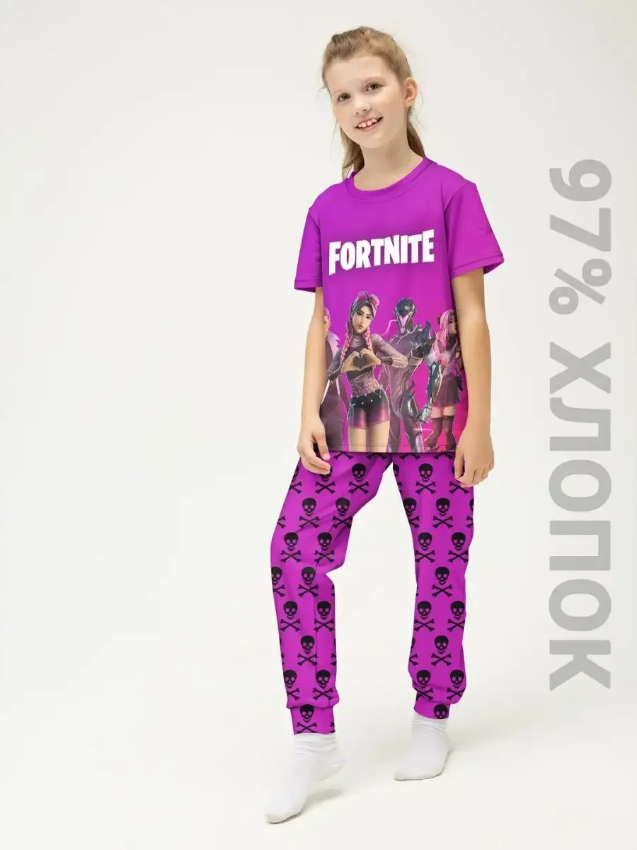 Хлопковая детская пижама «Fortnite» — фиолетовый, купить — принт крупно