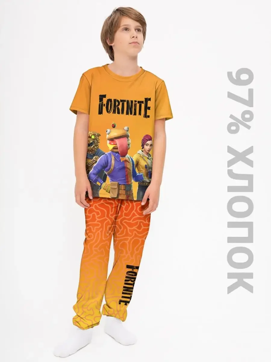 Хлопковая детская пижама «Fortnite» — оранжевый, купить — принт крупно
