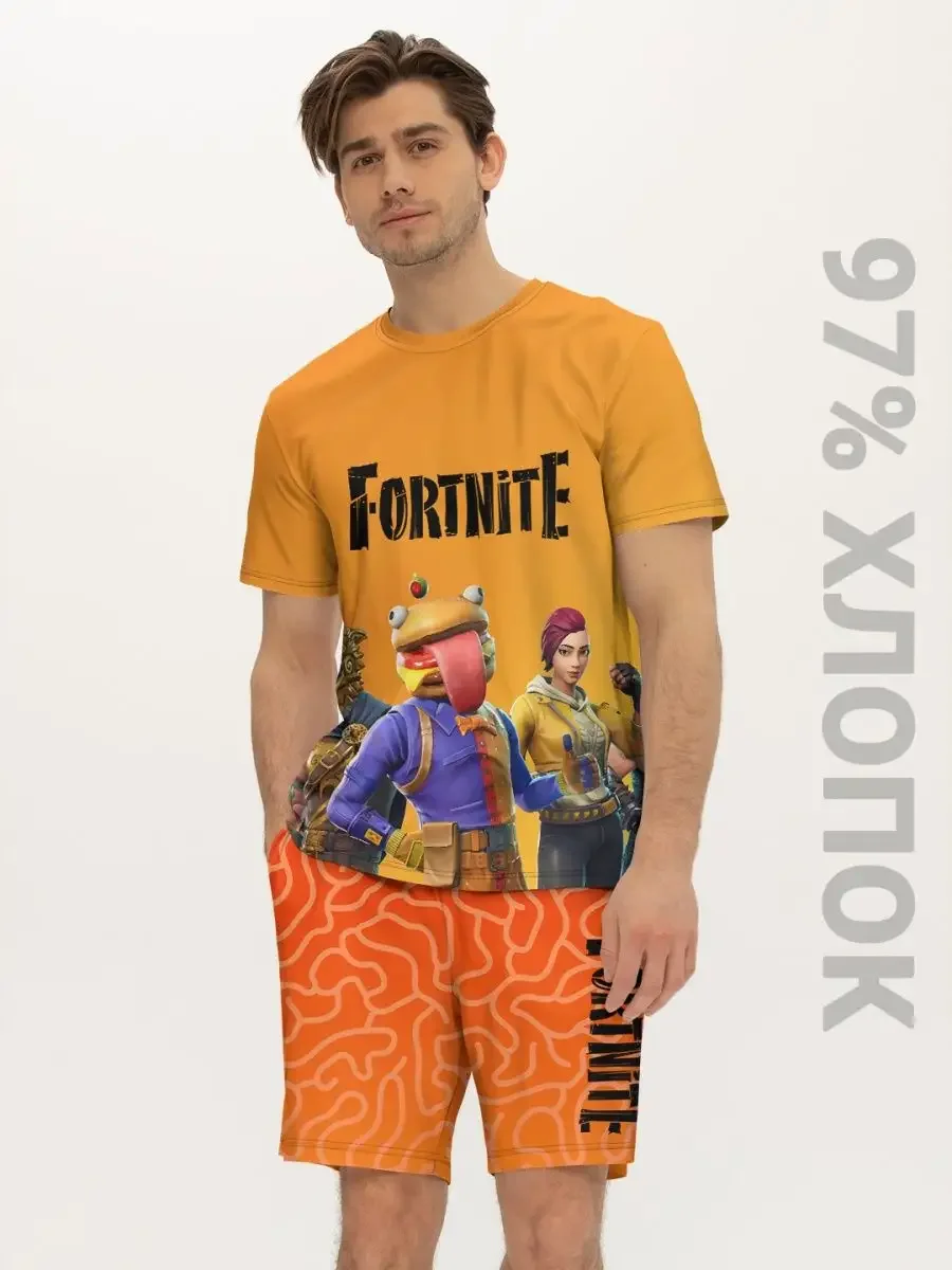 Мужской хлопковый костюм «Fortnite» — оранжевый, купить — принт крупно