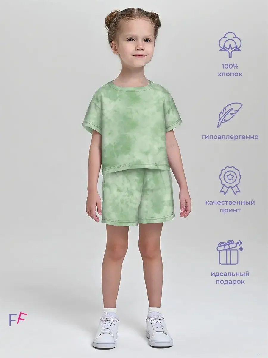 Хлопковая детская пижама с шортами «Tie Dye Green» — купить — принт крупно