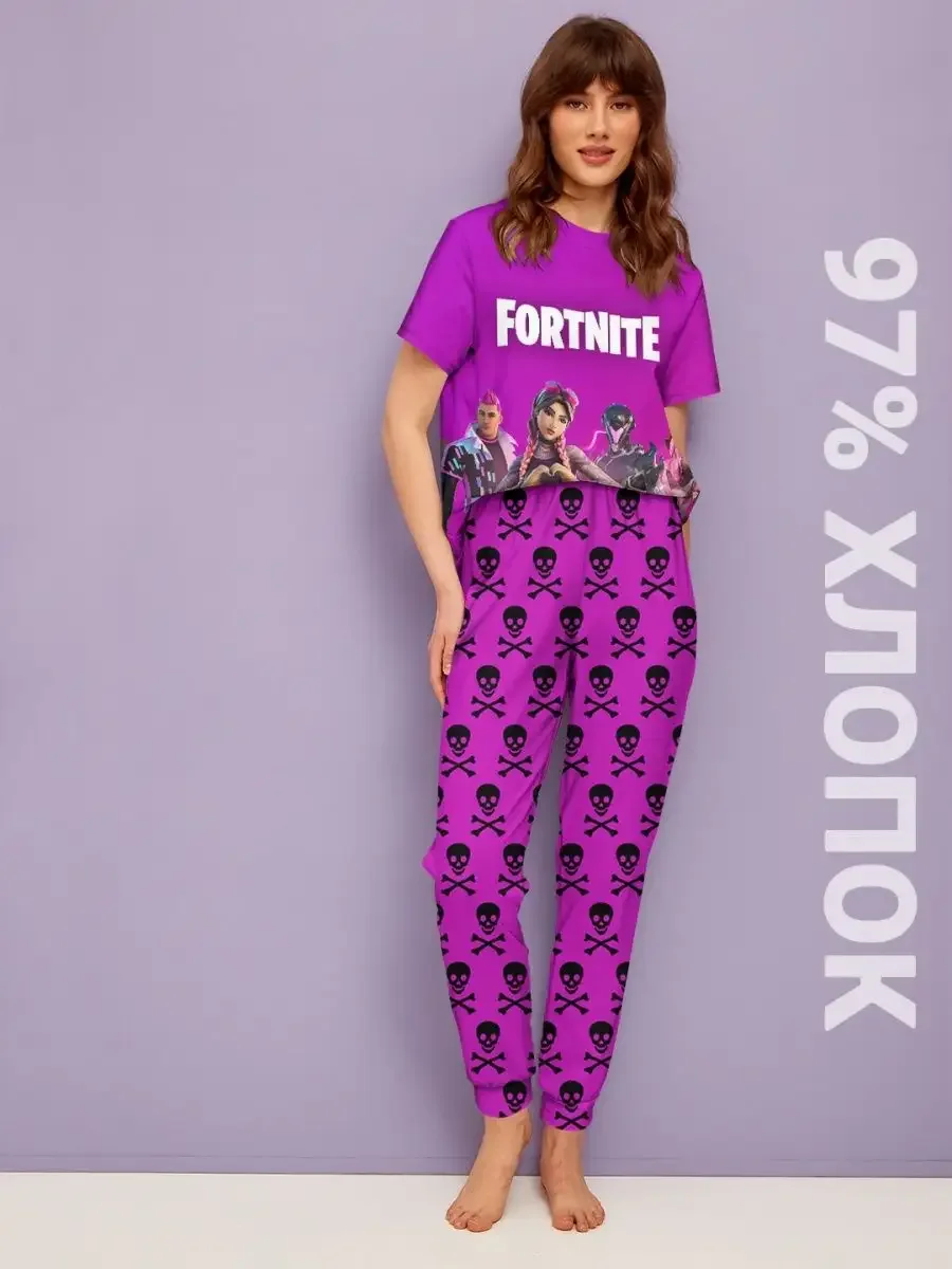 Хлопковая женская пижама «Fortnite» — фиолетовый, купить — принт крупно