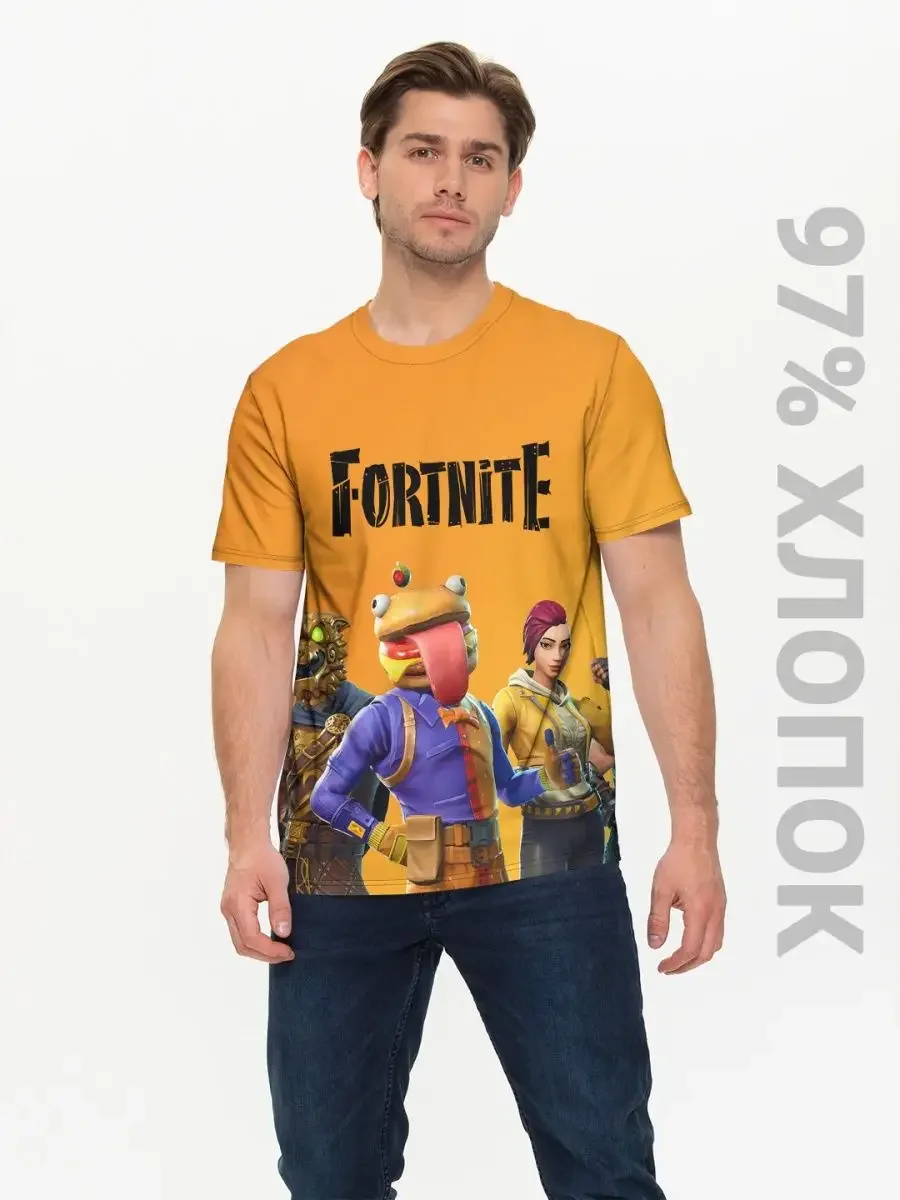 Мужская хлопковая футболка «Fortnite» — оранжевый, купить — принт крупно