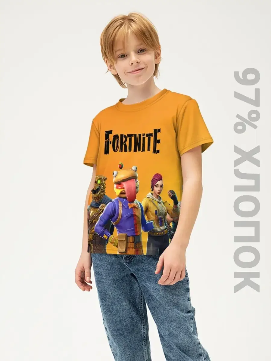Детская хлопковая футболка «Fortnite» — оранжевый, купить — принт крупно