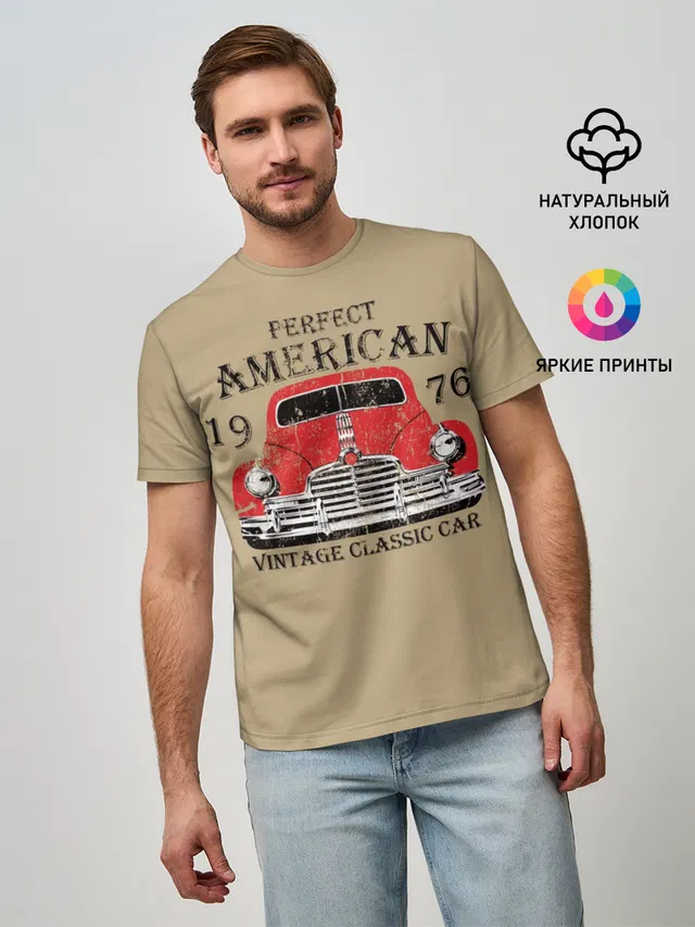Мужская базовая футболка с принтом «Retro — AMERICAN CAR»