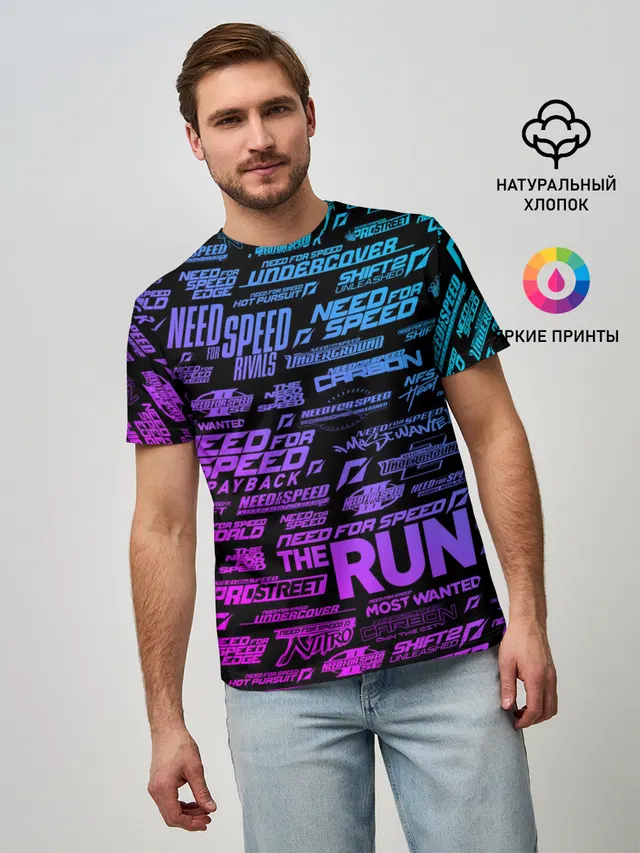 Мужская базовая футболка с принтом «NFS ALL Logos Neon»