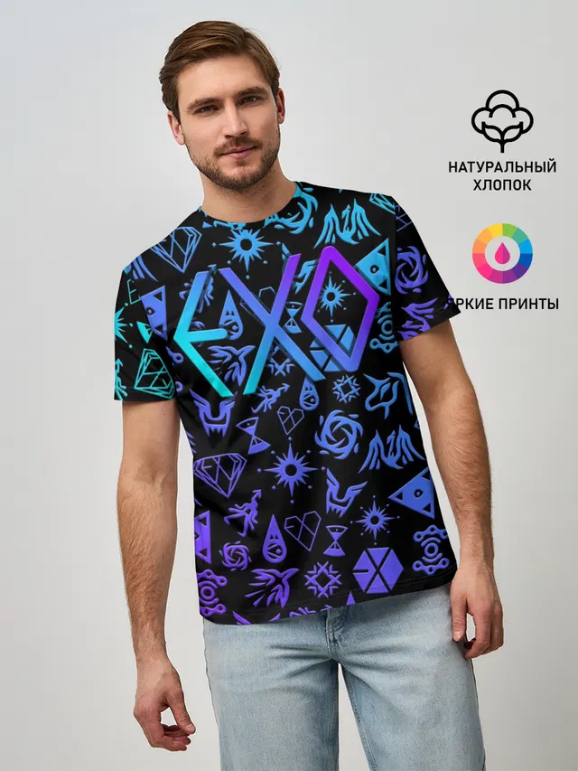 Мужская базовая футболка с принтом «EXO K-POP LogoBombing»
