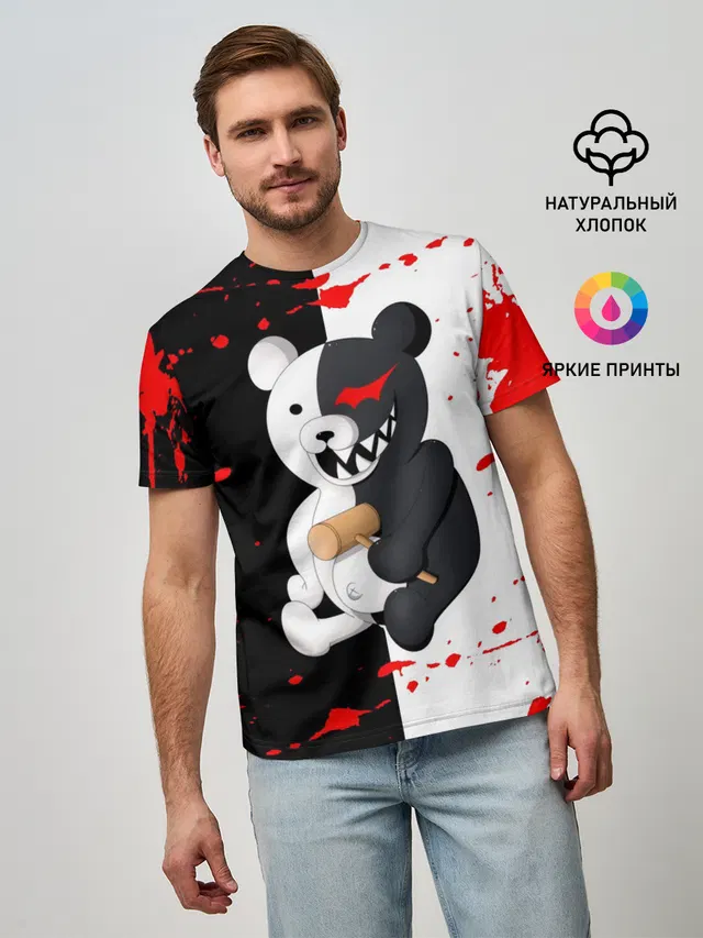 Мужская базовая футболка с принтом «monokuma с молотком»